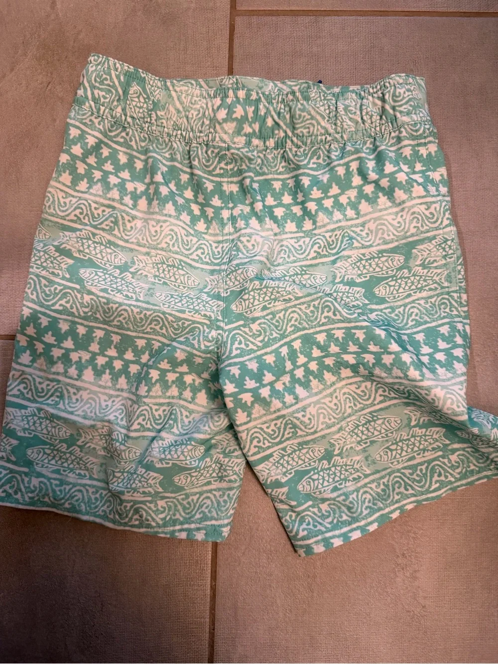 Vineyard Vines Mint Green Patterned Kids Swim Trunks with Blue Drawstring Size 7